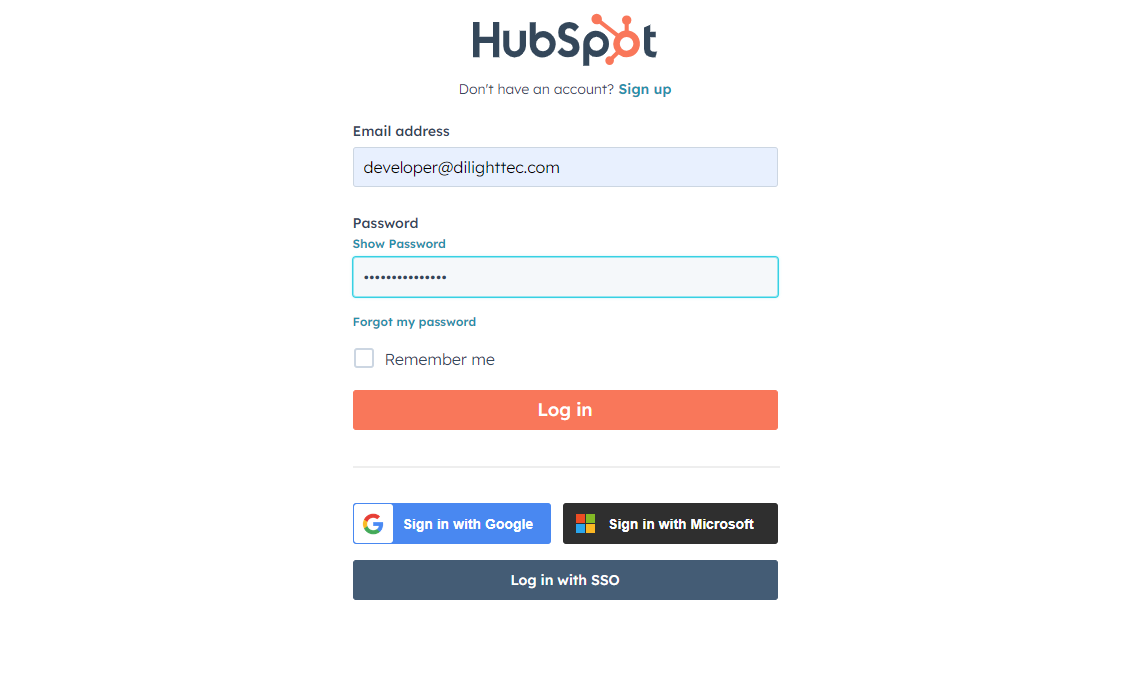 HubSpot Login Screen